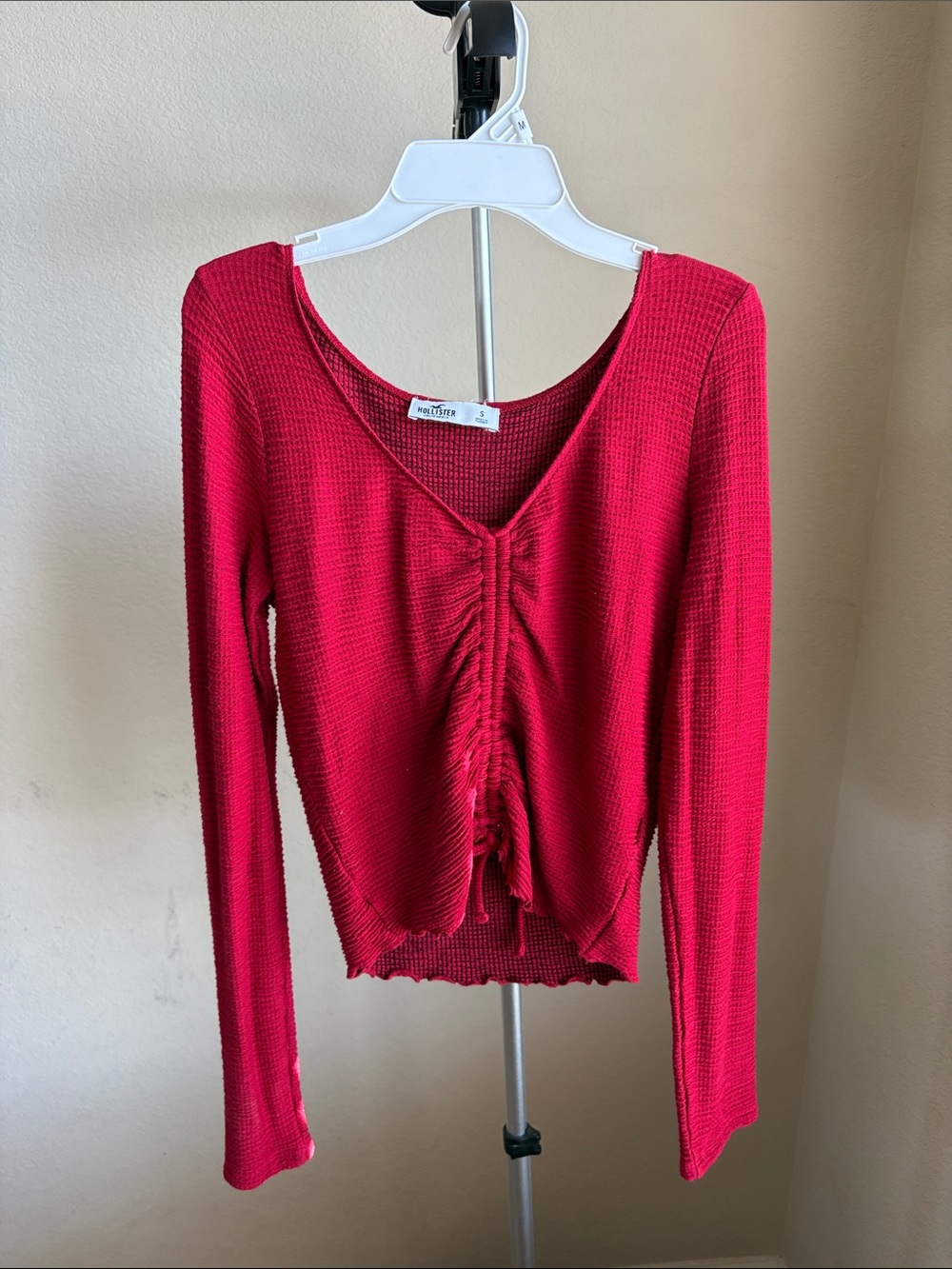Hollister Deep V Ruched Long Sleeve Top in Berry Red